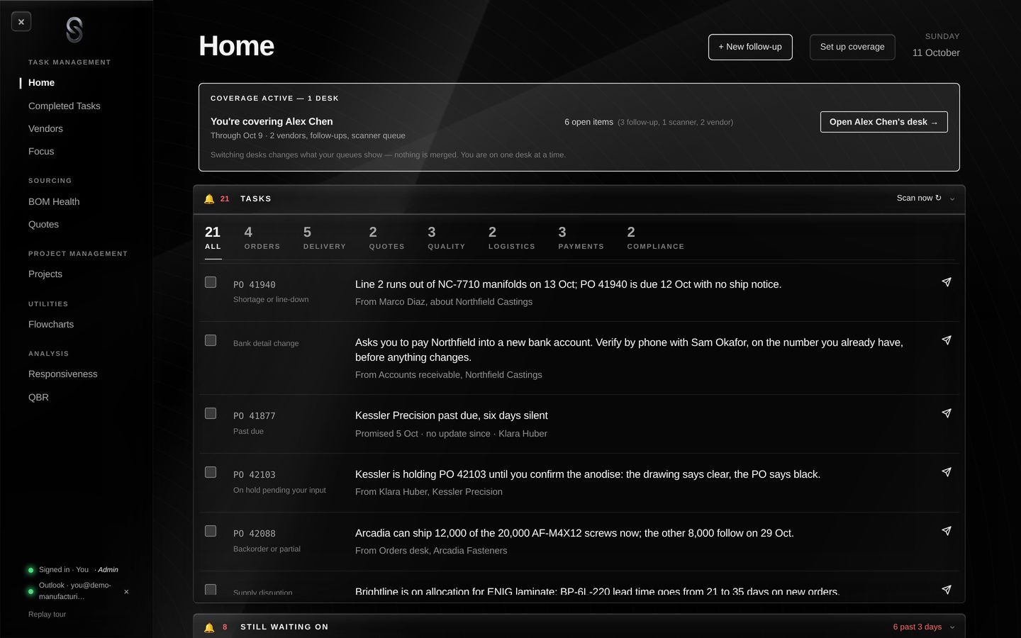 Desk Home: covering Alex Chen's desk, and 21 tasks from supplier email counted by topic