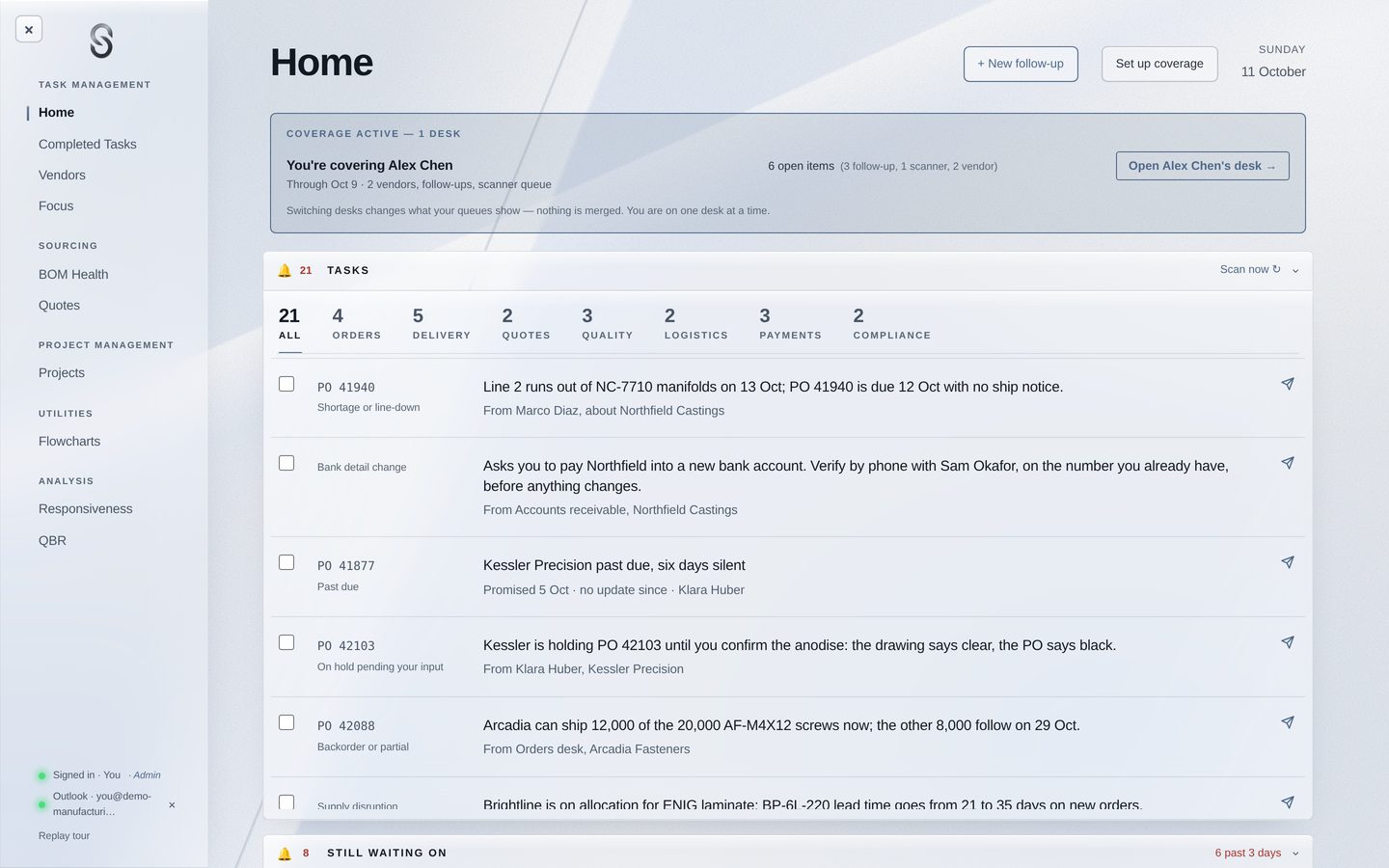 Desk Home: covering Alex Chen's desk, and 21 tasks from supplier email counted by topic
