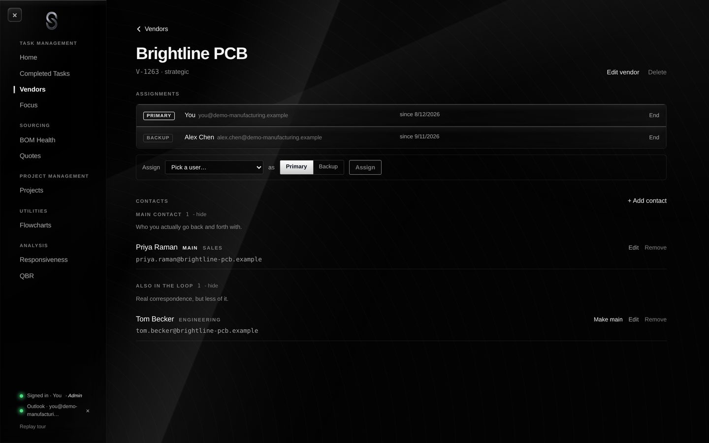 Brightline PCB: You as primary and Alex Chen as backup, with Priya Raman as the main contact